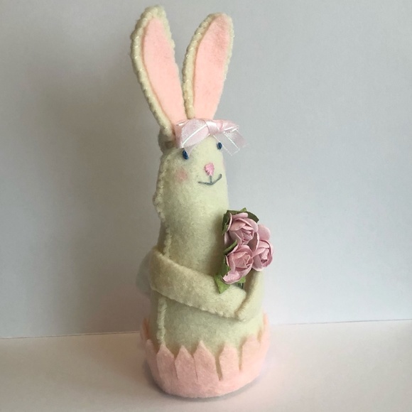 Hand-Sewn Bunny Art Doll with Pink Roses Hand Made - Picture 4 of 7